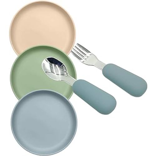 Toddler Silicone Suction Plates 3 Pack & Silverware Utensils (Spoon & Fork) Set for Baby Toddler Kids, BPA Free, Dishwasher & Microwave Safe