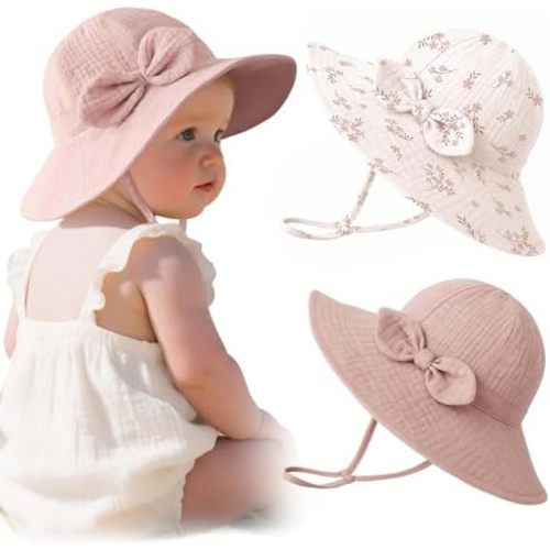 Konssy Muslin Baby Sun Hat, UPF 50+ Sun Protection Wide Brim Summer Beach Hat with Chin Strap, Breathable Bucket Hat