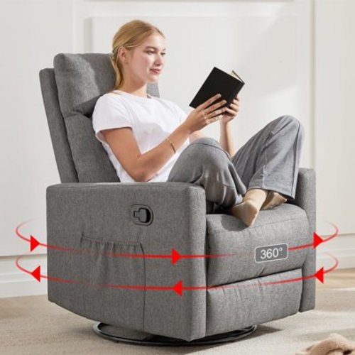 Aukfa 360 Degree Swivel Rocker Recliner Glider Chair for Adults, Living Room, Linen, Gray