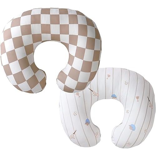 2-Pack Nursing Pillow Covers,Ultra-Soft Stretchy Breastfeeding Pillowcase for Baby Boys Girls, Fits 22.5"x18" Pillows,Removable Feeding Pillow Slipcovers for Newborn(Baseball & Brown Checkered)