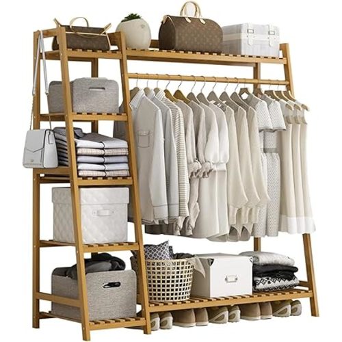 Bamboo Clothing Garment Rack 7 Tier Storage Shelf Coat Clothes Hanging Rack, Portable Wardrobe Closet Organizer With Top Shelf, Shoe Storage Shelves for Bedroom (Natural - 51.18 in)