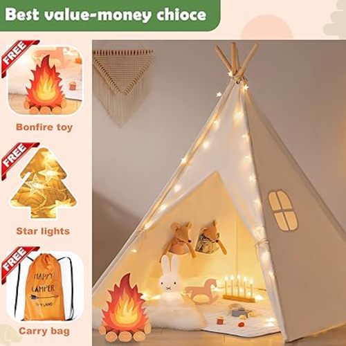Tiny Land Kids-Teepee-Tent with Lights & Campfire Toy & Carry Case, Natural Cotton Canvas Toddler Tent - Washable Foldable Teepee Tent for Kids Indoor Tent, Outdoor Play Tent for Girls & Boys - Off-white Kids Teepee