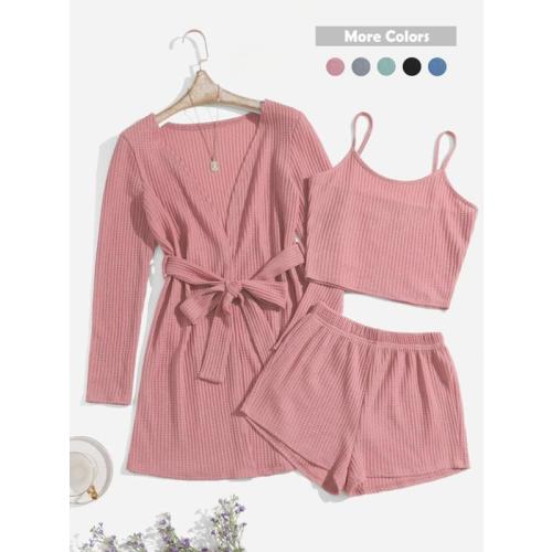 Women's Solid Textured Belted Lounge Robe & Crop Cami Top & Elastic - TikTok Shop