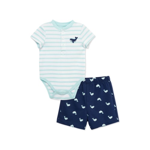 Stripe Whale Embroidered Cotton Bodysuit & Shorts Set, 6M