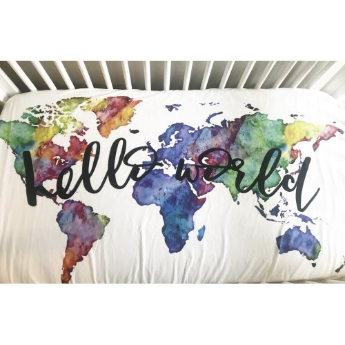 Hello World Fitted Crib Sheet or Swaddle | Rainbow Watercolor World – Aspen Lane