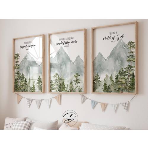Set of 3 Christian nursery decor, baby bible verse wall art, watercolour prints, Scripture Print, Nature wall art, woodland nursery decor