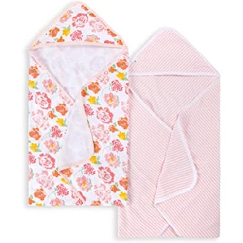 Burts Bees Baby Infant Hooded Towels Rosy Spring Organic Cotton, Unisex Bath Essentials and Newborn Necessities, Soft Nursery Towel with Hood Set, 2-Pack Size 29 x 29 Inch