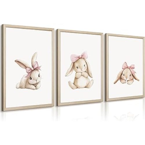 Nursery Bunny Wall Art Decor Easter Bunny Prints Baby Girl Room Canvas Wall Art Decor Pink Baby Girl Nursery Painting Woodland Rabbit Spring Artwork Poster for Bedroom 12x16x3 Inch Wood Framed