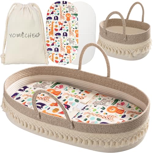 Baby Changing Basket, BOHO Moses Baskets for Newborn, Baby Basket for Baby Dresser, Diaper Changing Basket for Baby with Diaper Caddy, Cartoon Changing Pad, Waterproof Sponge Cushion, Storage Bag