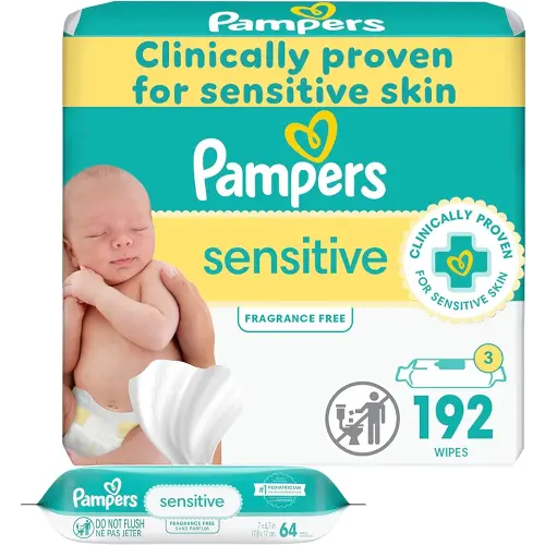 Pampers Baby Wipes Sensitive, Water Based Wipes, Hypoallergenic and Unscented Wipes, 192 Wipes Total (3 Refill Packs)