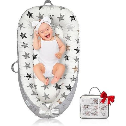 Baby Lounger for Newborn Cover - Newborn Lounger for 0-12 Months, Breathable & Portable Infant Lounger - Adjustable Cotton Soft Baby Floor Seat for Travel, Newborn Essentials- Star