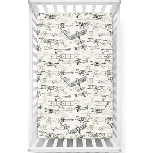 Airplane Themed Fitted Crib Sheet,Standard Crib Mattress Fitted Sheet Soft & Stretchy Fitted Crib Sheet-Baby Sheet for Boys Girls, 28“ x52“,Olive Green Tan Charcoal Grey