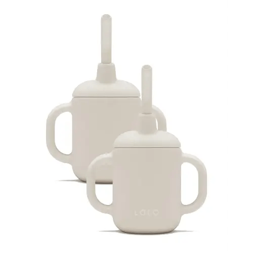 Lalo Little Cup 2-Pack, Non-Toxic Silicone Straw Cup with Handles - Baby and Toddler Sippy Cup - Mini Cup and Straw Training System, 4oz, Oatmeal