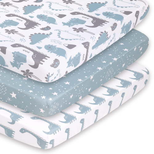 The Peanutshell Blue Dino Playpen Bedding Set, 3 Pack Mini Crib Sheets for Baby Boy