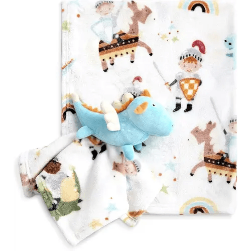Evolur Good Knight 2 Piece Gift Set, Includes Blanket with Lovey, Warm and Cozy Baby Blanket, Machine Washable Nursery Bed Blanket, Soft and Charming Lovey