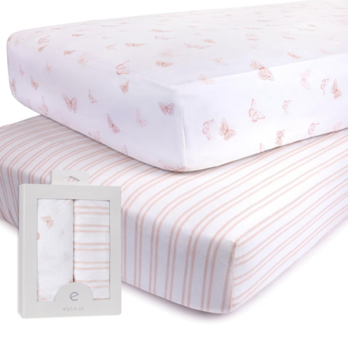 Ely’s & Co. Crib Sheets, Baby Girl Fitted Crib Mattress Sheet Set, 2 Pack, 100% Jersey Knit Cotton, Infant and Toddler Nursery Bedding, Pink Butterfly + Stripe Print, 28” x 52”