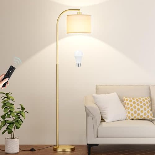 Ambimall Gold Arc Floor Lamp with Remote - Dimmable Bulb, Colors Temperature Adjustable, Easy Assembly, Modern Standing Lamp for Living Room Bedroom Office Reading Room Nursery (Beige Linen Shade)