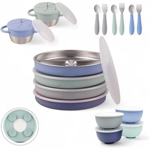 Elk and Friends Kids Stainless Steel Mealtime Bundle | Plates, Bowls, Snack Cups + Toddler Utensils | Silicone Suction Sleeves + Travel Storage Lids | Meals + Snacks | Dishwasher Safe