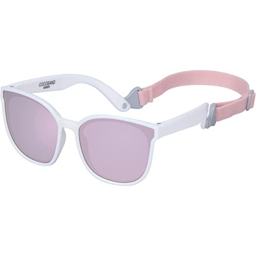 COCOSAND Baby Sunglasses with Strap Vintage Square Fame UV Protection Lens for Infant Baby Toddler Girl Boy Age 3-24months - White - Rose Revo