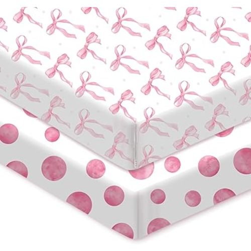 2 Pack Crib Sheets for Girls, Pink Baby Girl Crib Sheets, Bow Bed Sheet Set, 52'' x 28'' for Standard Crib Mattress, Stretchable Soft Toddler Aesthetic Nursery Decor (Crib)