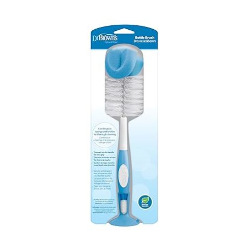Dr. Brown's Reusable Sponge Baby Bottle Cleaning Brush with Suction Cup Stand, Scrubber and Nipple Cleaner, Blue 1-Pack - 1 Pack, Blue Bottle Brush