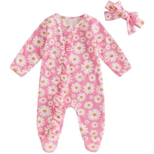 Newborn Baby Girl Clothes Fall Winter Long Sleeve Footie Romper Waffle Ruffle Zipper Jumpsuit Coming Home Outfit