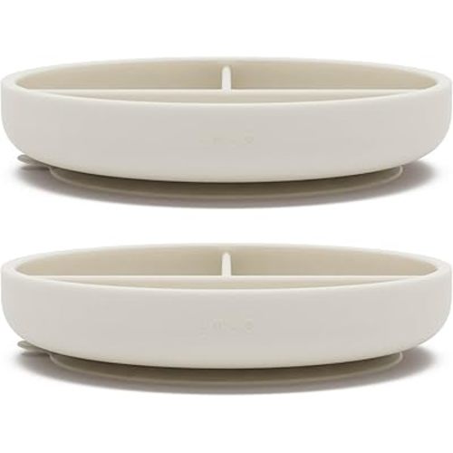Lalo Suction Plates - 2 Pack, 100% Silicone Non-Toxic BPA-Free Baby Plates with Suction Base To Prevent Accidental Tip-Overs - Suction Plates for Toddlers With Three Divided Sections - Oatmeal