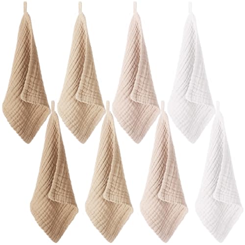 SmoothNovelty 8 Pcs Baby Washcloths for Newborn 12 x 12 Inch Muslin Face Towels Cotton Absorbent for Delicate Skin Soft Muslin Cloth Reusable Baby Registry as Shower Gift, 4 Colors (Light Color)