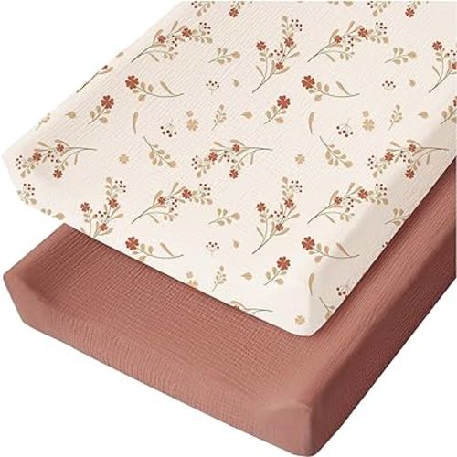 Konssy 2 Pack Muslin Changing Pad Cover for Baby Girls Boys 100% Cotton Fitted Diaper Changing Table Cover Set, Soft Changing Pad Sheets (Chestnut, Posy)