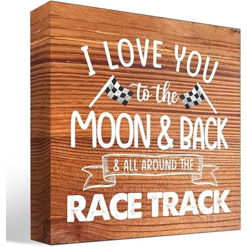 z-crange I Love You To The Moon And Back Grain Wood Box Sign Desk Decor,Farmhouse Racing Checkered Flags Box Block Sign for Home Boys Room Shelf Table Decor Decorations…