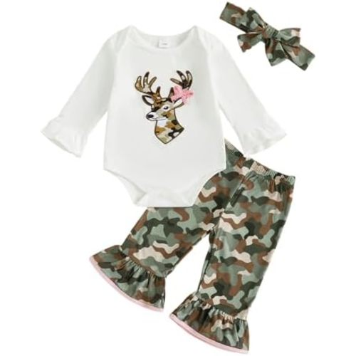 Newborn Baby Girl Hunting Clothes Deer Long Sleeve Romper Jungle Camo Flare Pants Set 3 Piece Fall Winter Outfit