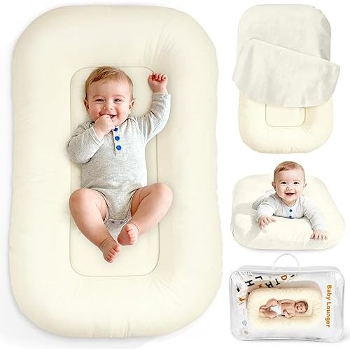 Infant Support Cushion & Baby Support Cushion for Newborn 0-24 Months, Breathable Cotton Pad, Supervised Use, Portable Infant Essentials for Travel and Home, Cream White (Cover Included