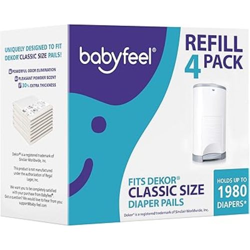 Babyfeel Refills Compatible with DEKOR CLASSIC Diaper Pails | 4 Pack | Exclusive 30% Extra Thickness | Diaper Pail Refills with Powerful Odor Elimination | Powder Scent | Holds up to 1980 Diapers