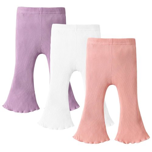 DREAM BUS 3 Pack Baby Girl Pants Toddler Leggings Solid Ribbed Cotton Baby Girls Flare Pants Toddler Bell Bottoms