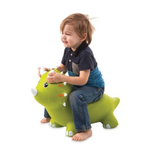 HearthSong Bouncy Inflatable Animal Jump-Along Ride-On Toy for Toddlers, Color: Green triceratops