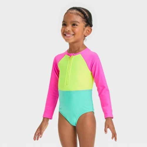 Toddler Girls' Long Sleeve Solid Colorblock One Piece Swimsuit - Cat & Jack™ Pink 3t