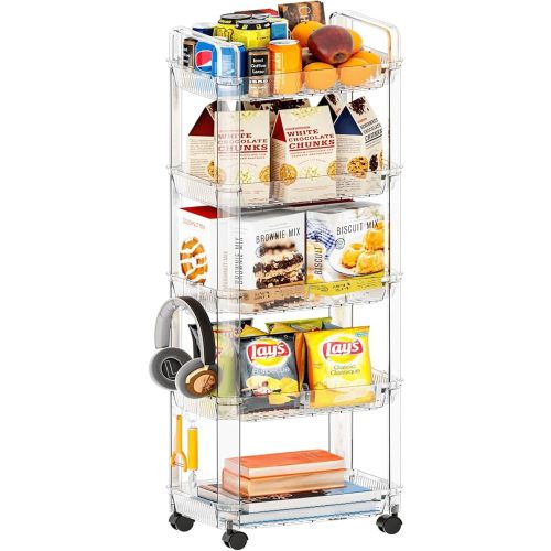 5 Tier Rolling Cart with Wheels,Clear Acrylic Utility Rolling Storage Cart Suitable as Dorm Room Storage,Bathroom Storage Rack,Narrow Kitchen Cart,Art Organizers and Storage or Diaper Caddy Cart