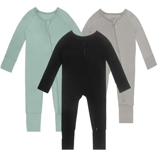 Rayon of Bamboo Baby Rompers Long Sleeve Two Way Zipper Footless Pajamas With Mitten Cuffs
