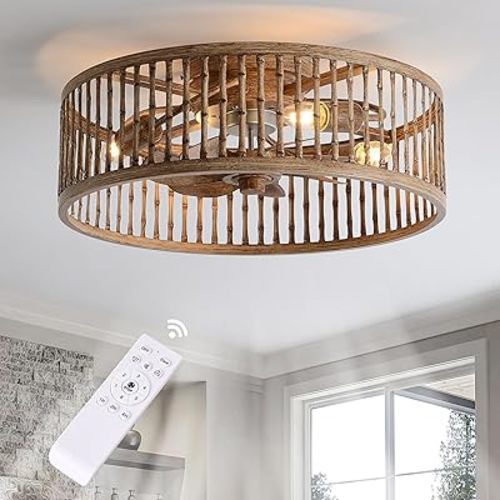 Rustic Looking Caged Ceiling Fan with Lights and Remote, 20 Inch Low Profile Flush Mount Fandelier, Bladeless/Quiet Motor Boho Fan Light for Bedroom, Dining Room, Kitchens, Living Room, Office
