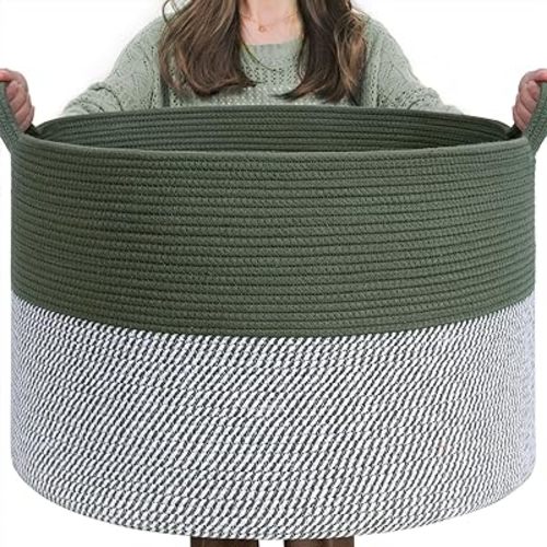 INDRESSME Large Laundry Storage Basket, 21.7 x 13.8 Blanket Baskets for Organizing Decorative Rope Basket Living Room Bedroom Nursery Toy Storage Basket for Colthes Towel, Empty Gift Basket, Green