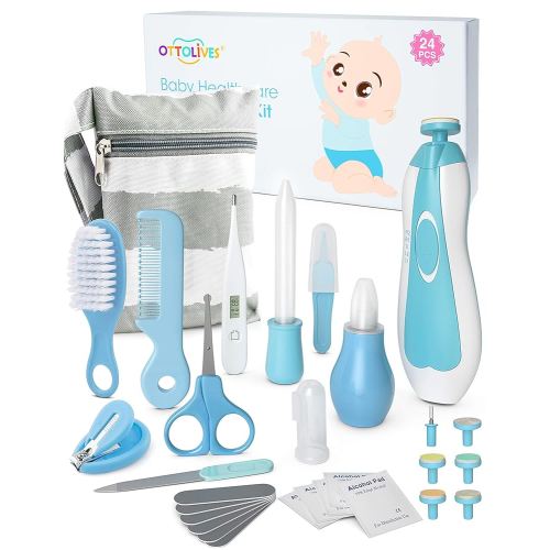 OTTOLIVES Baby Healthcare and Grooming Kit, 24 in 1 Baby Electric Nail Trimmer Set Newborn Nursery Health Care Set for Newborn Infant Toddlers Baby Boys Girls Kids Haircut Tools (0-3 Years+) (Blue)