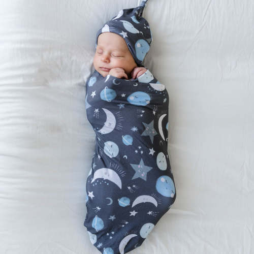 Blue To the Moon & Back Swaddle + Hat Set