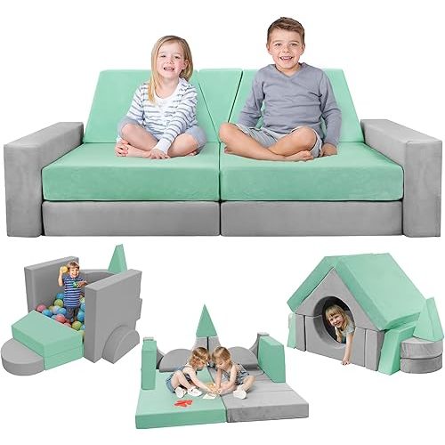 15pcs Modular Kids Play Couch, Kids Couch for Toddler & children, toddler couches, Kid Couches fort building kit for Playroom furniture, Kid Play Couches, Convertible Sofa for Boys & Girls, Grey Green
