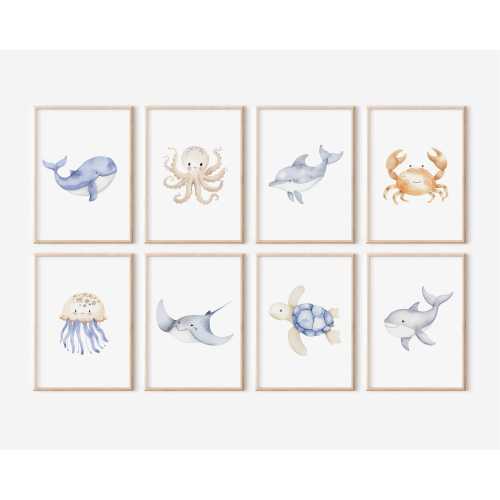Set of 8 Ocean Animal Prints, Sea Creatures Art, Ocean Nursery Decor, Nautical Nursery Art, Sea Animal Prints, Under the Sea Nursery Decor