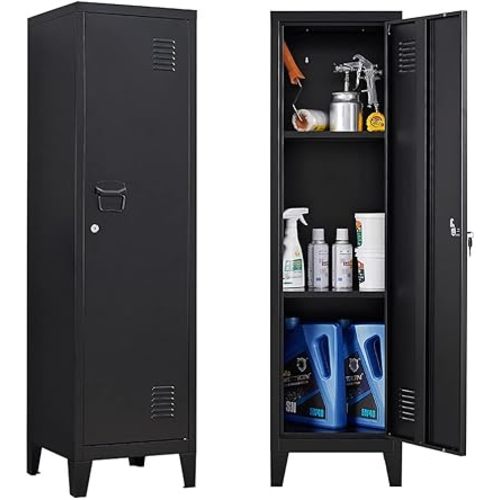 Metal Cabinet, 47" H Home Office Storage Lockers, Vertical Steel Storage Cabinet with Locking Door and 2 Adjustable Shelves, Small Metal Locker Cabinets (1 Door, Black)