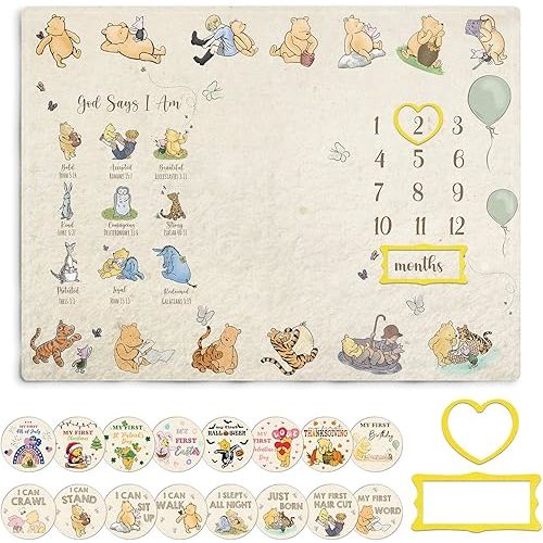 Winnie Baby Milestone Blanket, God Says I am Bold Babies Milestone Blanket, Winnie Newborn Month Blankets for Baby, with Double-Sided Printed Cardstock（16 Unforgettable Moments of Babies）