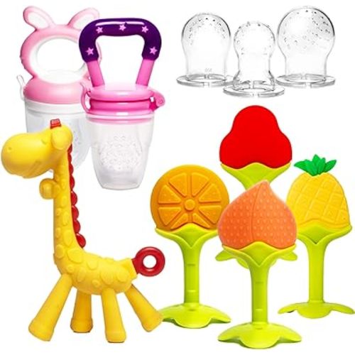 HONGTEYA Teething Toys for Babies 0-6 Months 6-12 Months 6 Pack- 4 Teethers, 2 Fruit Feeders for Newborn Infants BPA Free Natural Organic Freezer Silicone Baby Teethers Set(Pink)