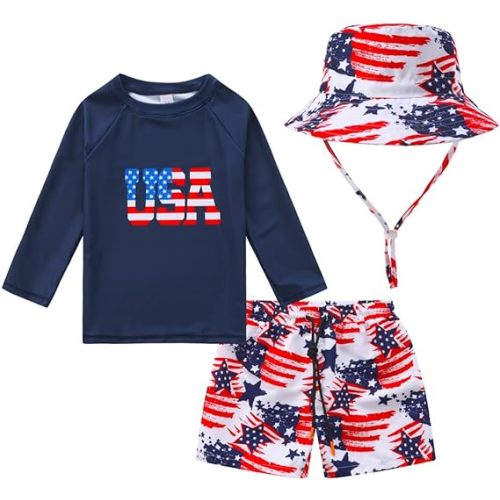 Toddler and Baby Boys' 3-Piece Swimsuit Trunk, Long Sleeve Rashguard Bathing Suit with Hat Set - 3-6 Months - American Flag