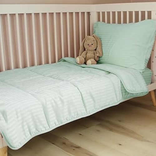 ZPECC Toddler Bedding Set - 4 Piece Hypoallergenic Baby Crib Bedding Set for Boys and Girls, Includes Toddler Comforter, Flat Sheet, Fitted Sheet and Pillowcase, Green Stripe