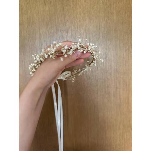 Gypsophila floral crown, Baby's breath flower crown, Beige baby girl headpiece, Newborn floral halo, Child toddler gypsophila hair wreath
